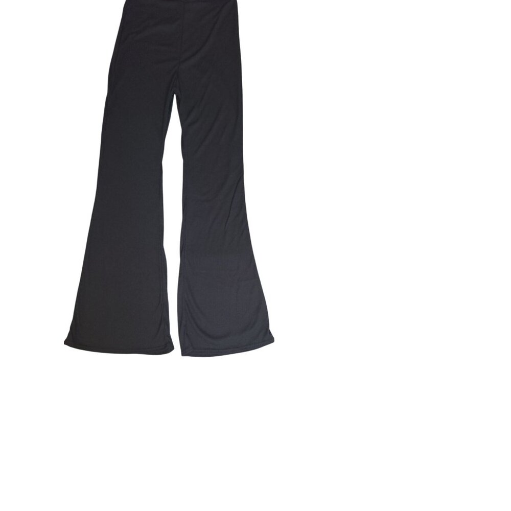 PrettyLittleThing Black Ribbed Strappy Square Neck Flared Jumpsuit Size10 - Picture 6 of 6